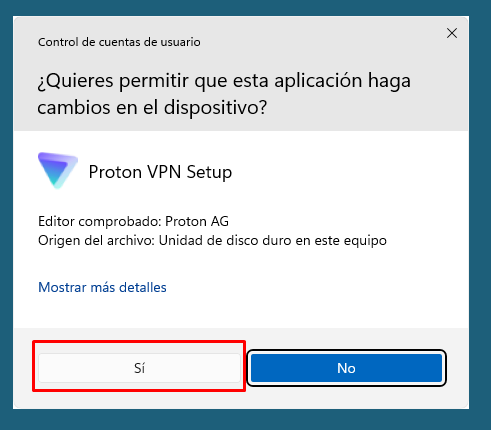 🔐 Cómo instalar Proton VPN en Windows paso a paso 🖥️ 10 Ventana de control de cuentas de usuario de Windows solicitando permiso para instalar Proton VPN.