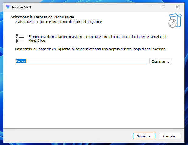 🔐 Cómo instalar Proton VPN en Windows paso a paso 🖥️ 12 Ventana de instalación de Proton VPN donde se elige la carpeta del Menú Inicio para los accesos directos.