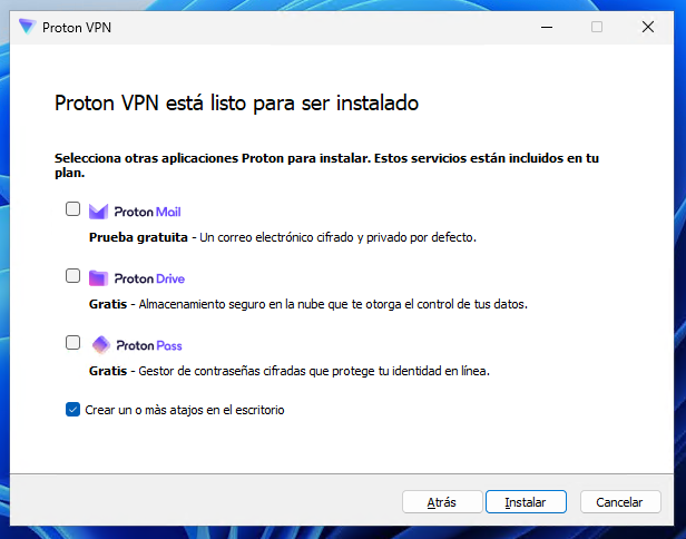 🔐 Cómo instalar Proton VPN en Windows paso a paso 🖥️ 13 Opciones adicionales antes de instalar Proton VPN, incluyendo otros servicios de Proton y la creación de accesos directos en el escritorio.