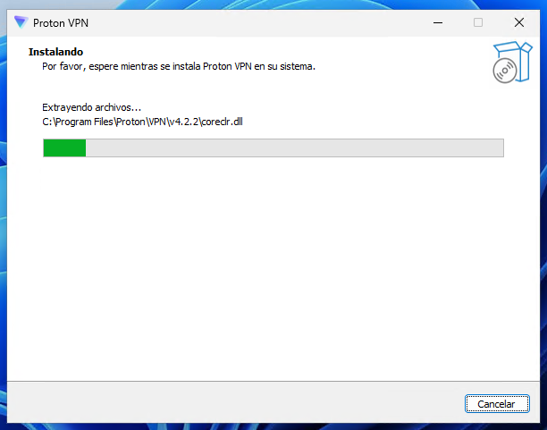 🔐 Cómo instalar Proton VPN en Windows paso a paso 🖥️ 14 Pantalla de instalación de Proton VPN mostrando el progreso de copia de archivos.