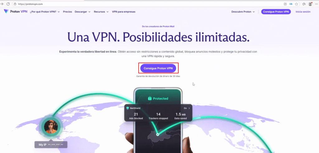 🔐 Cómo instalar Proton VPN en Windows paso a paso 🖥️ 2 Botón “Consigue Proton VPN” en la página principal del sitio web oficial.