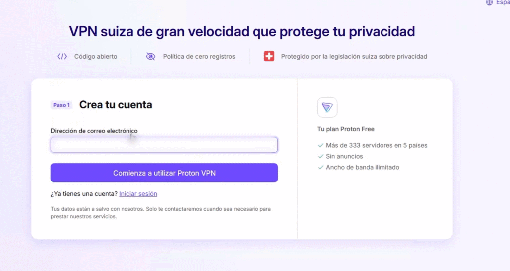 🔐 Cómo instalar Proton VPN en Windows paso a paso 🖥️ 4 Formulario para crear una cuenta gratuita en Proton VPN introduciendo un correo electrónico.