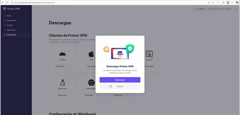 🔐 Cómo instalar Proton VPN en Windows paso a paso 🖥️ 6 Ventana emergente para descargar Proton VPN desde el panel de usuario en la sección de descargas.