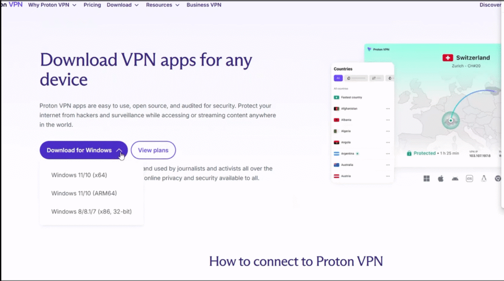 🔐 Cómo instalar Proton VPN en Windows paso a paso 🖥️ 7 Opciones de descarga de Proton VPN para diferentes versiones de Windows desde la página oficial.