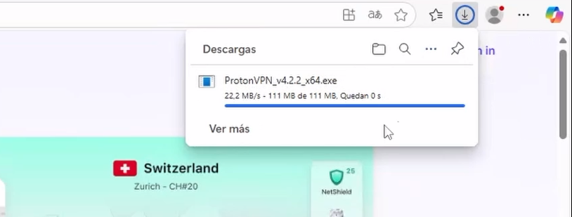 🔐 Cómo instalar Proton VPN en Windows paso a paso 🖥️ 8 Descarga del instalador de Proton VPN finalizada en el navegador web.
