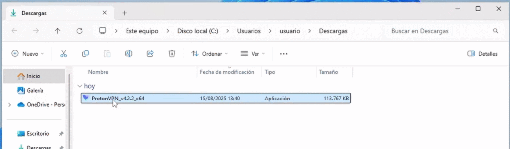 🔐 Cómo instalar Proton VPN en Windows paso a paso 🖥️ 9 Archivo de instalación de Proton VPN ubicado en la carpeta de Descargas de Windows.