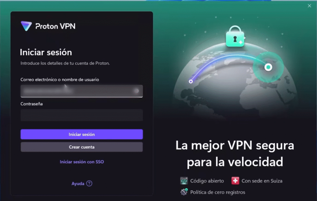 🔐 Cómo instalar Proton VPN en Windows paso a paso 🖥️ 15 Pantalla de inicio de sesión de Proton VPN solicitando correo y contraseña.