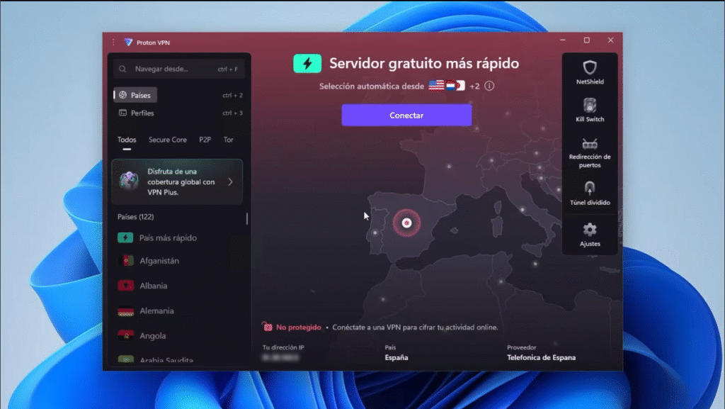 🔐 Cómo instalar Proton VPN en Windows paso a paso 🖥️ 16 Interfaz principal de Proton VPN mostrando mapa y botón para conectar al servidor gratuito más rápido.