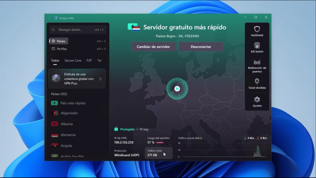 🔐 Cómo instalar Proton VPN en Windows paso a paso 🖥️ 17 Ventana de Proton VPN mostrando detalles de conexión activa con servidor en Países Bajos.