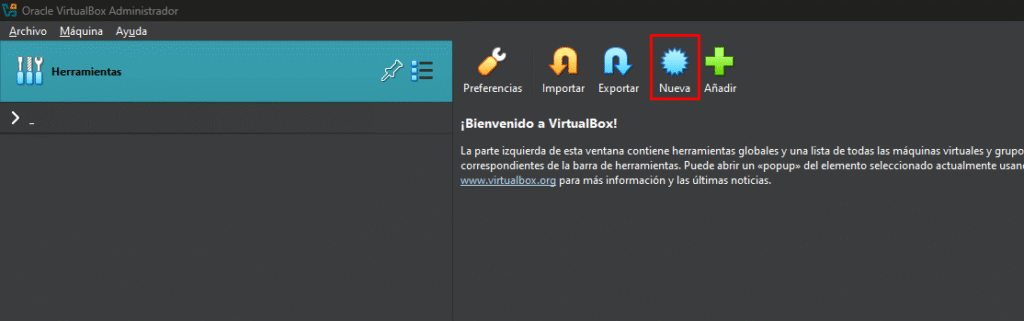 Instalar Windows Server 2025 en VirtualBox paso a paso 7 Botón Nueva en VirtualBox para crear una máquina virtual en Windows