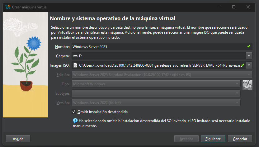 Instalar Windows Server 2025 en VirtualBox paso a paso 8 Configuración de nombre e ISO al crear máquina virtual de Windows Server 2025 en VirtualBox