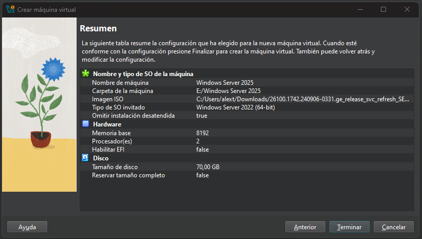 Instalar Windows Server 2025 en VirtualBox paso a paso 11 Resumen final de configuración de máquina virtual Windows Server 2025 en VirtualBox