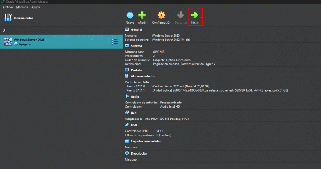 Instalar Windows Server 2025 en VirtualBox paso a paso 12 Inicio de máquina virtual Windows Server 2025 desde VirtualBox