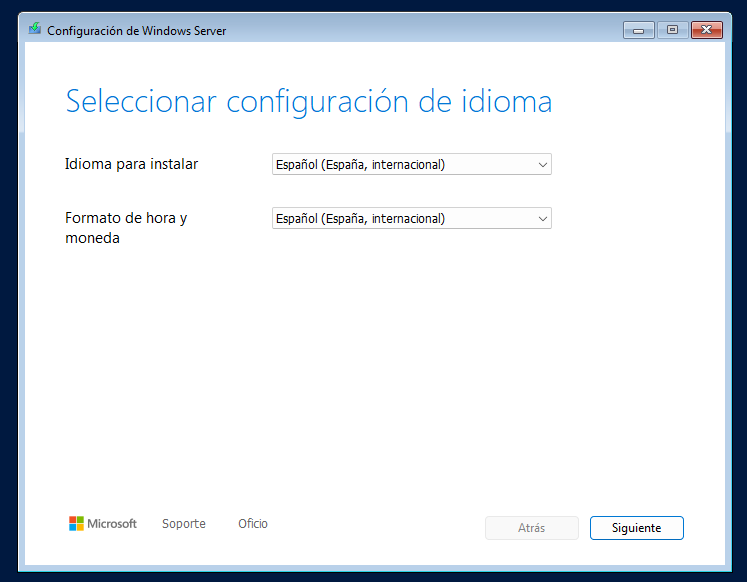 Instalar Windows Server 2025 en VirtualBox paso a paso 13 Pantalla de selección de idioma en la instalación de Windows Server 2025