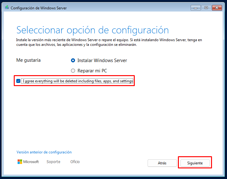 Instalar Windows Server 2025 en VirtualBox paso a paso 15 Pantalla de selección para instalar Windows Server con advertencia de borrado de datos