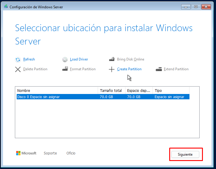 Instalar Windows Server 2025 en VirtualBox paso a paso 18 Selección de disco sin asignar para instalar Windows Server 2025 durante el proceso de instalación