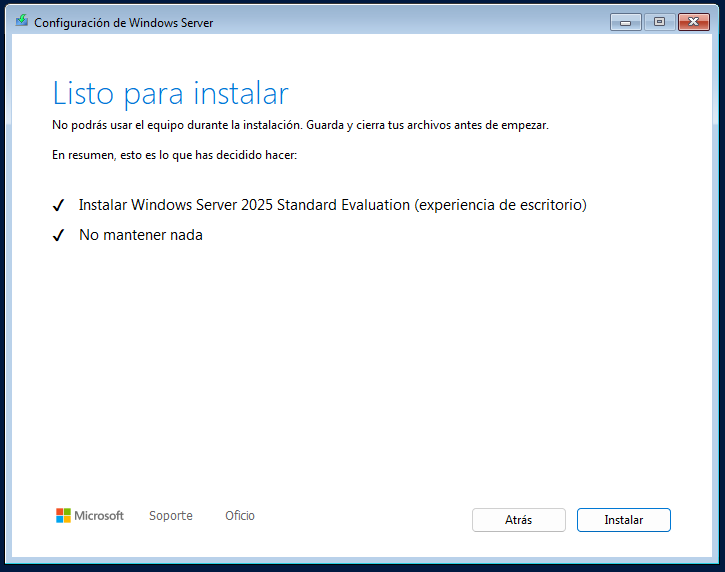 Instalar Windows Server 2025 en VirtualBox paso a paso 19 Pantalla final antes de instalar Windows Server 2025 con resumen de configuración seleccionada