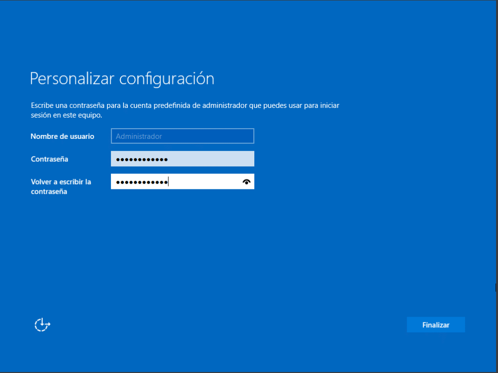 Instalar Windows Server 2025 en VirtualBox paso a paso 21 Pantalla para establecer contraseña del usuario Administrador en Windows Server 2025