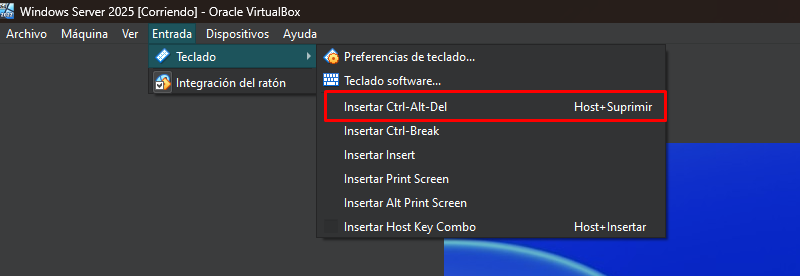 Instalar Windows Server 2025 en VirtualBox paso a paso 23 Menú de VirtualBox mostrando la opción Insertar Ctrl+Alt+Del para acceder a Windows Server 2025
