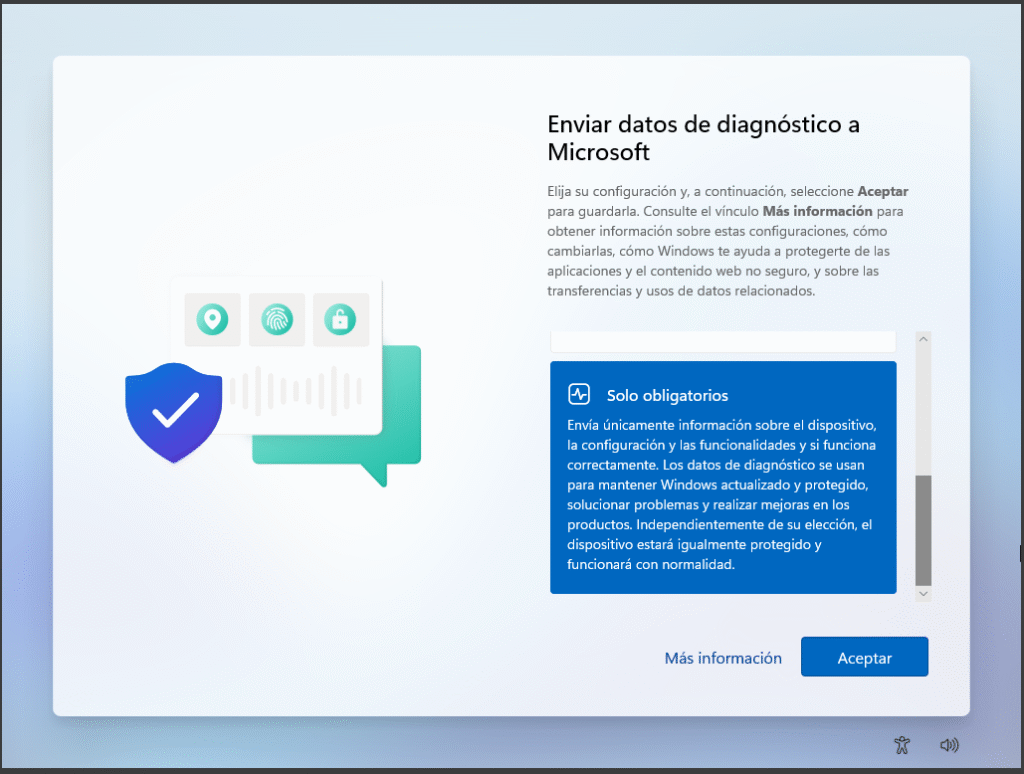 Instalar Windows Server 2025 en VirtualBox paso a paso 25 Pantalla de Windows Server 2025 solicitando enviar datos de diagnóstico a Microsoft con opción Solo obligatorios seleccionada