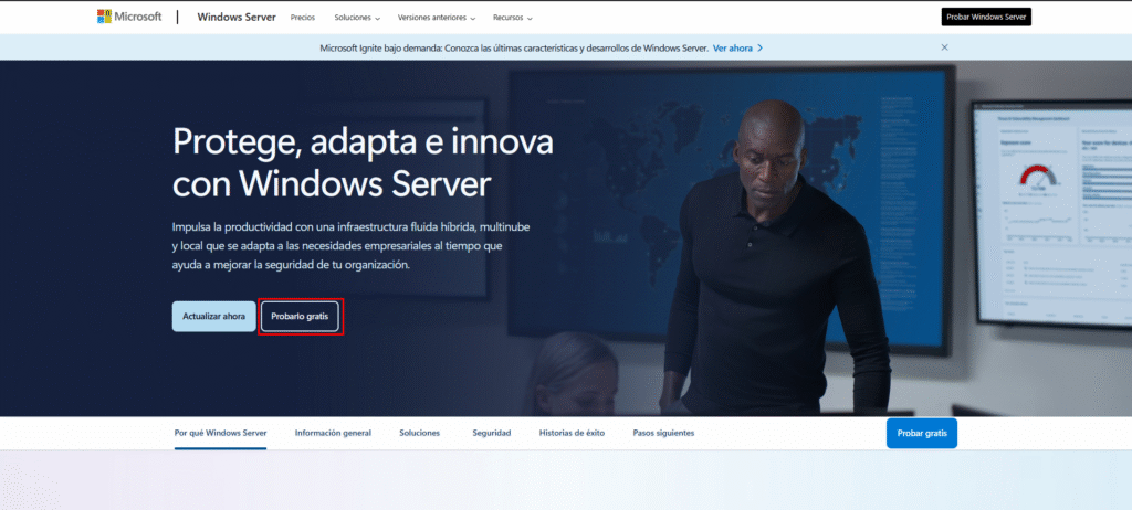 Instalar Windows Server 2025 en VirtualBox paso a paso 2 Botón “Probarlo gratis” en la página oficial de Microsoft para descargar Windows Server 2025.