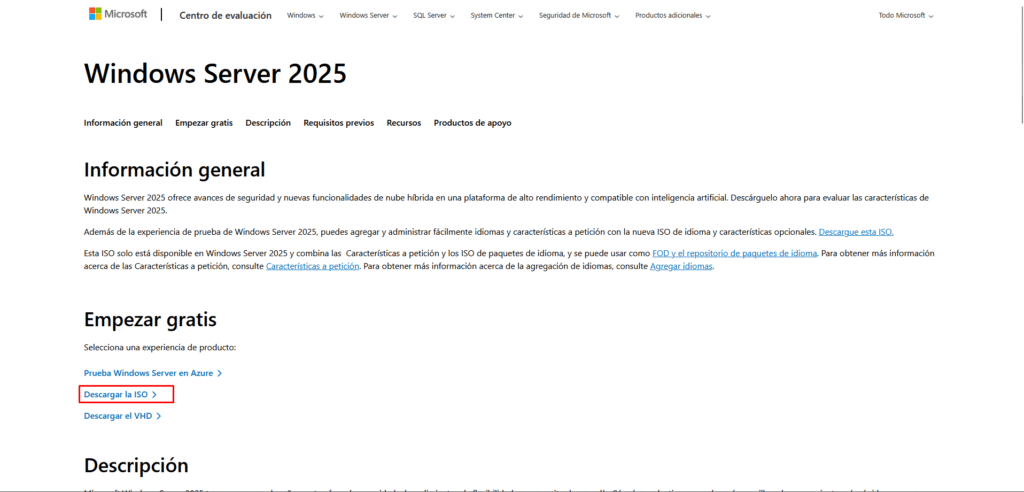 Instalar Windows Server 2025 en VirtualBox paso a paso 3 Opción “Descargar la ISO” en la página oficial de Windows Server 2025 para obtener la imagen de instalación.