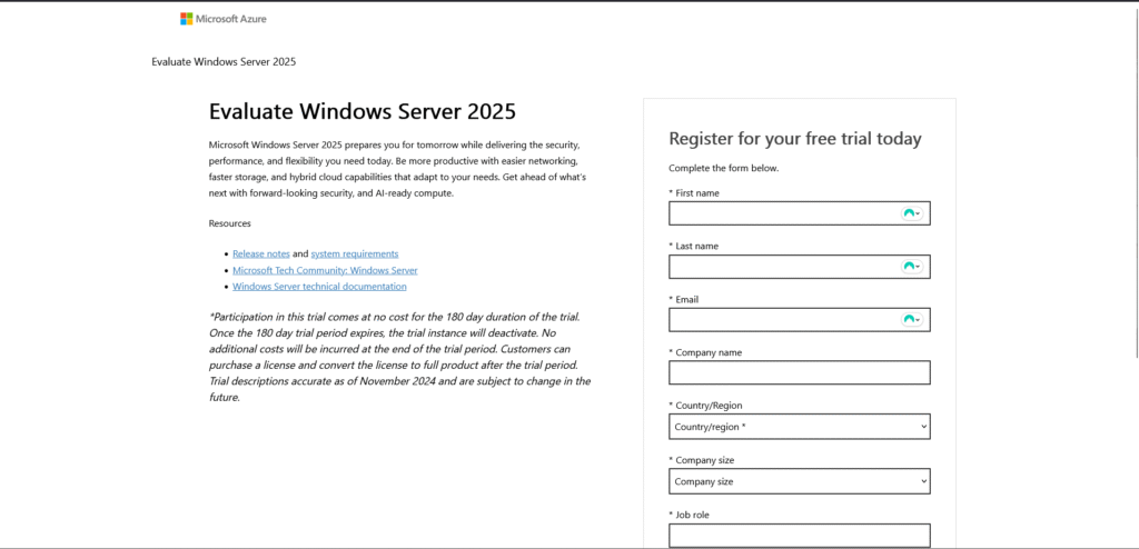 Instalar Windows Server 2025 en VirtualBox paso a paso 4 Formulario de registro en la página oficial de Microsoft para descargar la ISO de Windows Server 2025.
