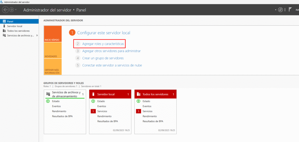 Instalar servicio DNS en Windows Server 2025 7 Agregar roles y características en el Administrador del servidor de Windows Server 2025 para instalar DNS