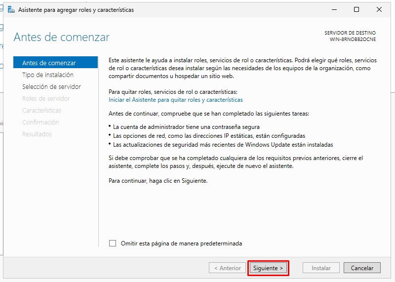 Instalar servicio DNS en Windows Server 2025 8 Pantalla inicial del asistente para agregar roles en Windows Server 2025 antes de instalar DNS