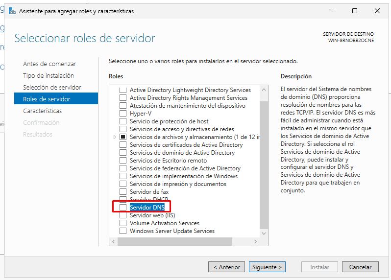 Instalar servicio DNS en Windows Server 2025 11 Seleccionar el rol Servidor DNS en Windows Server 2025 desde el asistente de instalación
