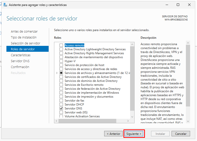 Instalar servicio DNS en Windows Server 2025 13 Rol Servidor DNS seleccionado en Windows Server 2025 listo para instalación
