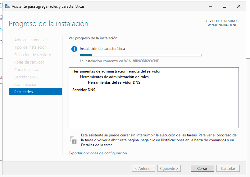 Instalar servicio DNS en Windows Server 2025 17 Progreso de la instalación del servidor DNS en Windows Server 2025