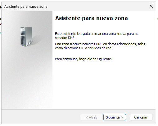 Asistente para crear nueva zona DNS en Windows Server 2025 paso a paso