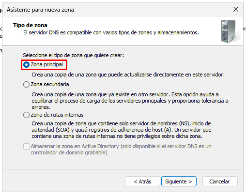 Seleccionar zona principal al crear zona de búsqueda directa en Windows Server 2025