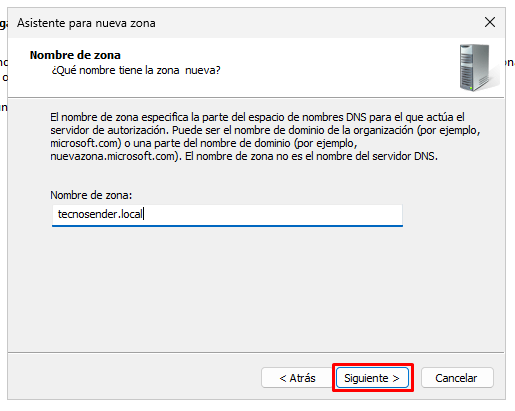 Asignar nombre a la zona de búsqueda directa en Windows Server 2025 para configurar zonas DNS