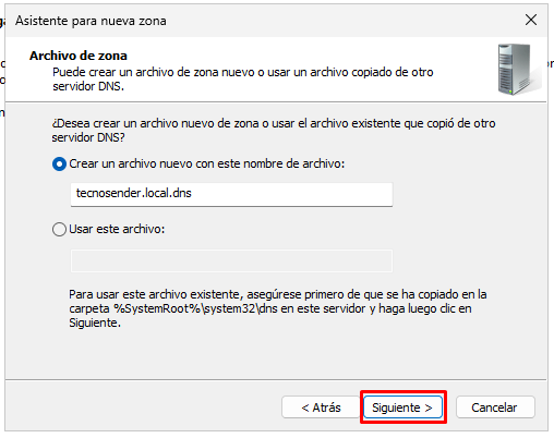 Crear archivo de zona DNS en Windows Server 2025 para la zona de búsqueda directa