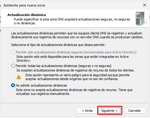 Configurar actualizaciones dinámicas en zona DNS de Windows Server 2025