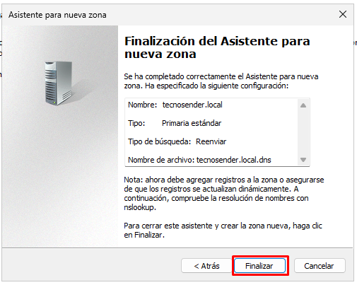 Finalizar creación de zona de búsqueda directa en DNS de Windows Server 2025
