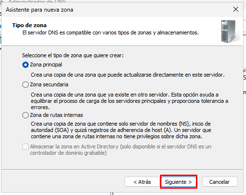 Seleccionar zona principal al crear zona de búsqueda inversa en Windows Server 2025