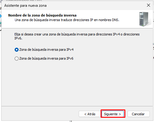 Seleccionar zona de búsqueda inversa IPv4 en Windows Server 2025 para configurar zonas DNS