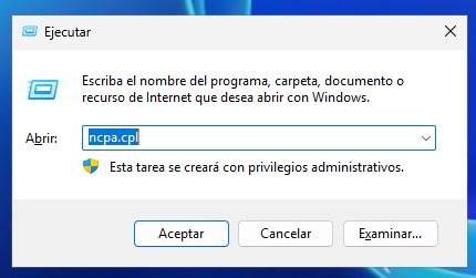 Instalar servicio DNS en Windows Server 2025 3 Ventana Ejecutar con el comando ncpa.cpl en Windows Server 2025 para configurar IP fija