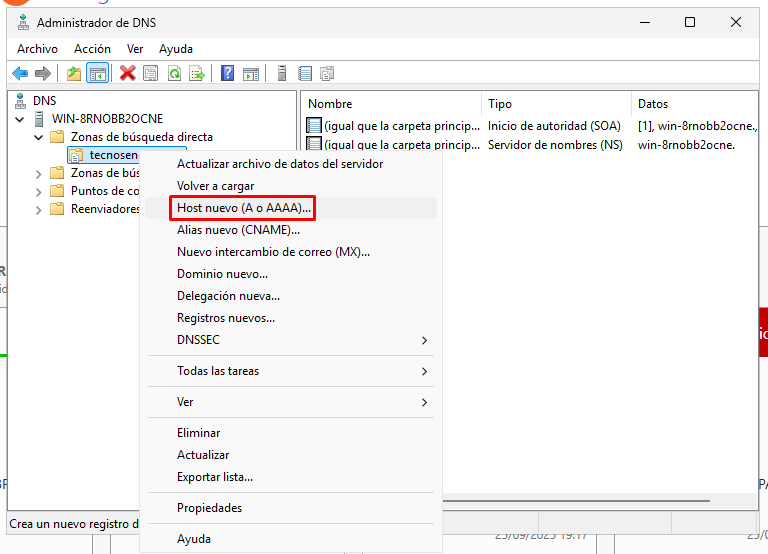 Cómo crear registros A y PTR en DNS de Windows Server 2025