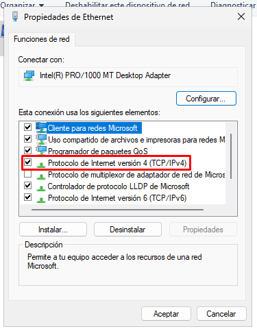 Instalar servicio DNS en Windows Server 2025 5 Seleccionar Protocolo de Internet TCP/IPv4 en adaptador de red en Windows Server 2025