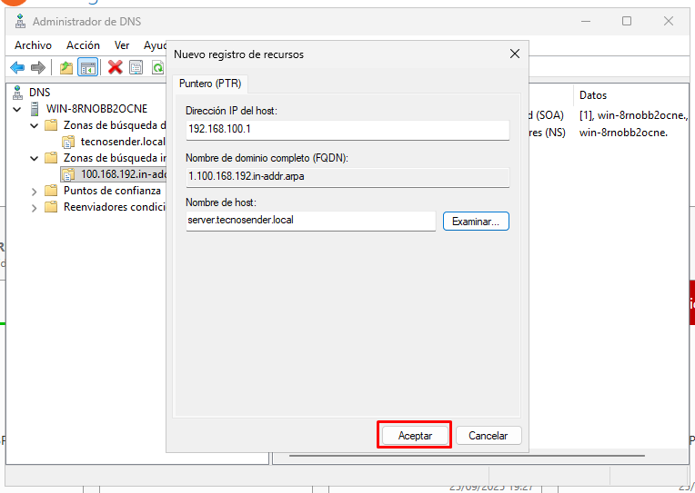Cómo crear registros A y PTR en DNS de Windows Server 2025